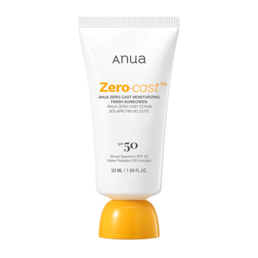 Image du produit sur ANUA Zero-Cast Moisturizing Finish Sunscreen SPF 50 dans un tube blanc avec un bouchon orange, 50 ml. Une crème solaire légère sans résidu blanc, résistante à l'eau jusqu'à 80 minutes.