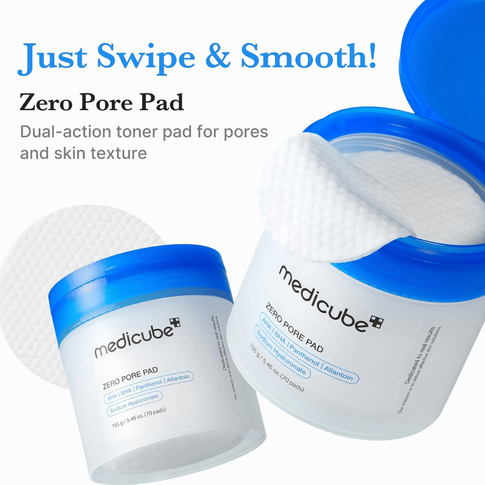 Medicube Zero Pore Pad 2.0 avec des pads exfoliants pour le soin des pores et une texture de peau plus uniforme. Pot ouvert avec des cotons blancs.