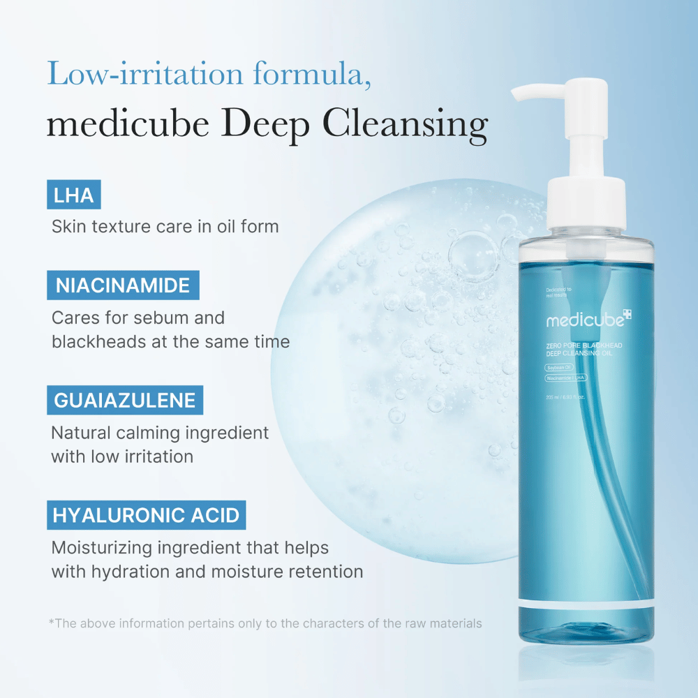 Medicube Zero Pore Blackhead Deep Cleansing Oil avec les ingrédients LHA, Niacinamide, Guaiazulène et Acide Hyaluronique présentés comme des caractéristiques clés pour un nettoyage doux et efficace.