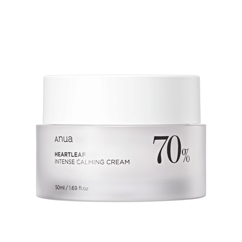 Boîte blanche avec "Anua Heartleaf Intense Calming Cream" avec une indication "70%", marquée avec un volume de "50ml/1.69 fl.oz."
