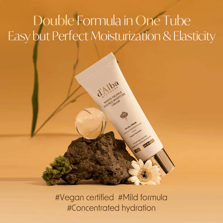d'Alba White Truffle Double Moisture Cream est une crème hydratante certifiée vegan avec une double formule, conçue pour offrir une hydratation optimale et de l'élasticité. La formule douce est parfaite pour préserver l'équilibre naturel de la peau et fournir une hydratation intense et concentrée.