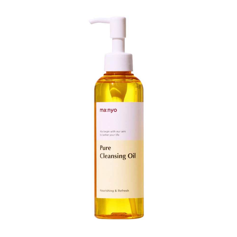 Une bouteille ma:nyo Pure Cleansing Oil 200ml pour démaquillant exposée sur un fond blanc.
