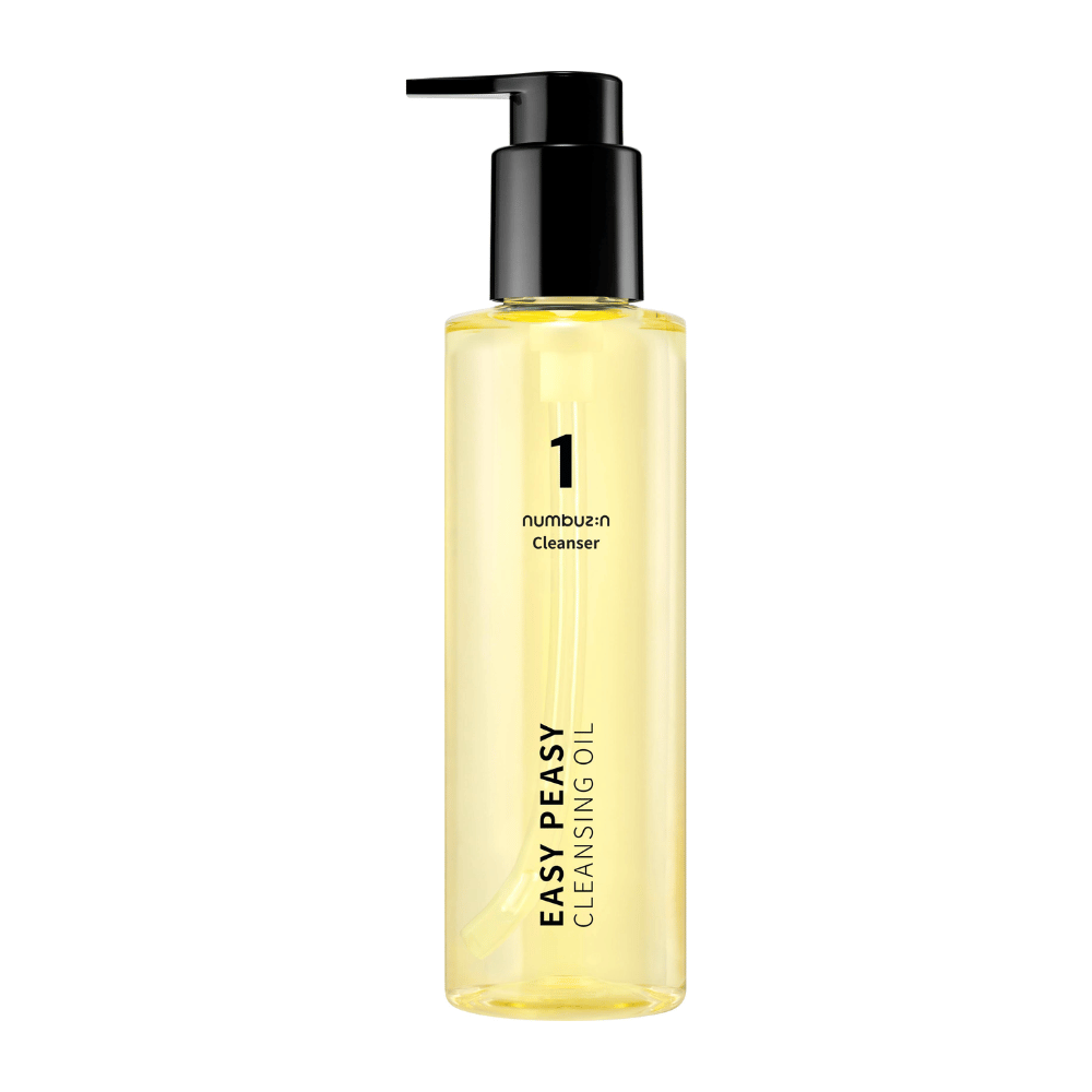 Image du produit de Numbuzin No.1 Easy Peasy Cleansing Oil, flacon pompe transparent avec bouchon noir sur fond blanc.