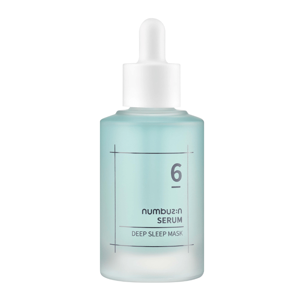 numbuzin No. 6 Deep Sleep Mask Serum dans une bouteille givrée bleue avec une pipette, conçue pour des soins de la peau profondément hydratants.