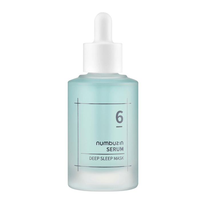 numbuzin No. 6 Deep Sleep Mask Serum dans une bouteille givrée bleue avec une pipette, conçue pour des soins de la peau profondément hydratants.