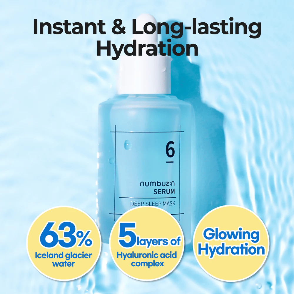 numbuzin No. 6 Deep Sleep Mask Serum avec 63% d'eau de glacier et 5 couches d'acide hyaluronique, pour une hydratation intense et durable.