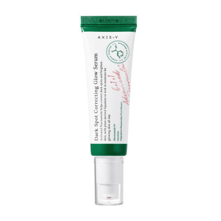 Un tube Dark Spot Correcting Glow Serum 50ml de AXIS - Y sur fond blanc.
