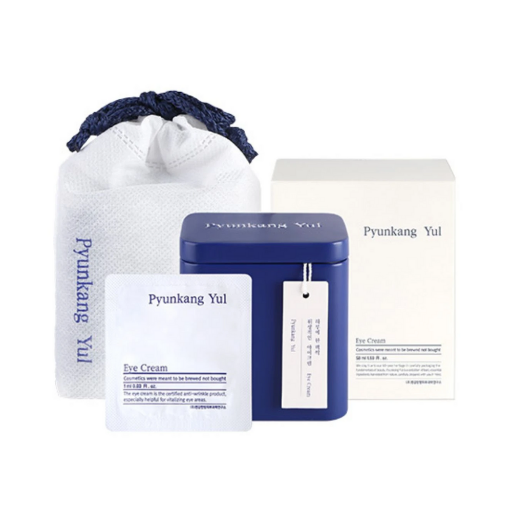 Un paquet avec un sac bleu et une boîte blanche pour Pyunkang Yul Crème pour les yeux 1ml x 50pcs.