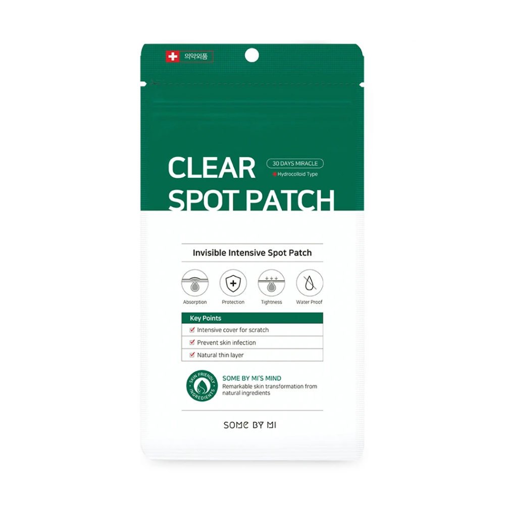 Un Some By Mi 30 Days Miracle Clear Spot Patch (18 pièces) sur fond blanc pour l'acné avec la capacité d'absorber les exsudats de plaie.