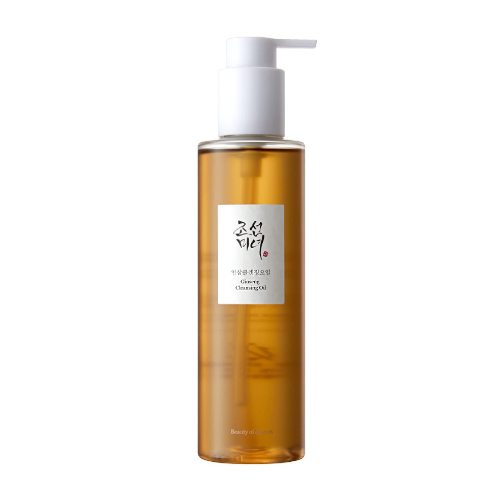 Une bouteille Beauty of Joseon Ginseng Cleansing Oil 210ml sur fond blanc, avec de l'huile de graines de ginseng.