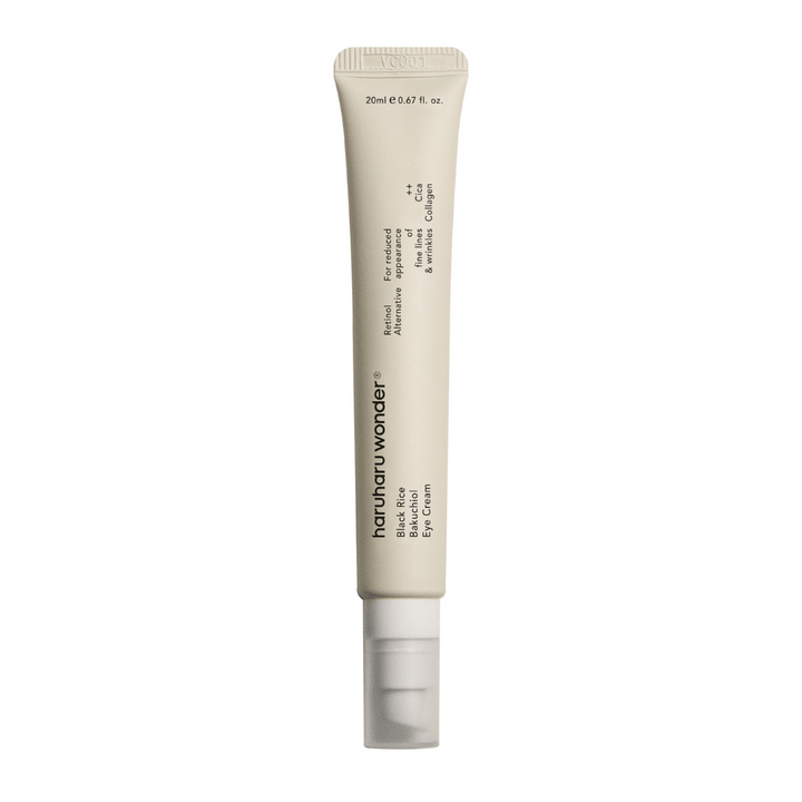 Un tube Haruharu Wonder Black Rice Bakuchiol Eye Cream 20ml sur fond blanc pour réduire la visibilité des ridules et des rides.
