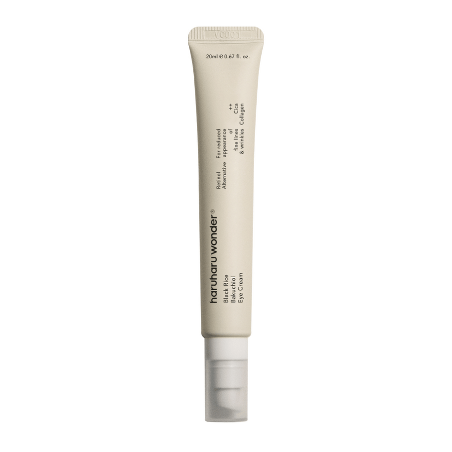 Un tube Haruharu Wonder Black Rice Bakuchiol Eye Cream 20ml sur fond blanc pour réduire la visibilité des ridules et des rides.