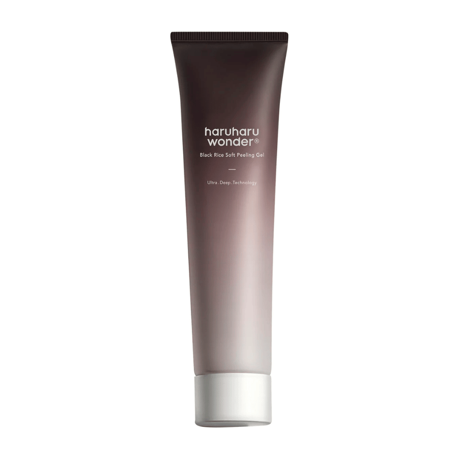 Un tube Haruharu Wonder Black Rice Soft Peeling Gel 100ml avec des propriétés exfoliantes sur un fond blanc.