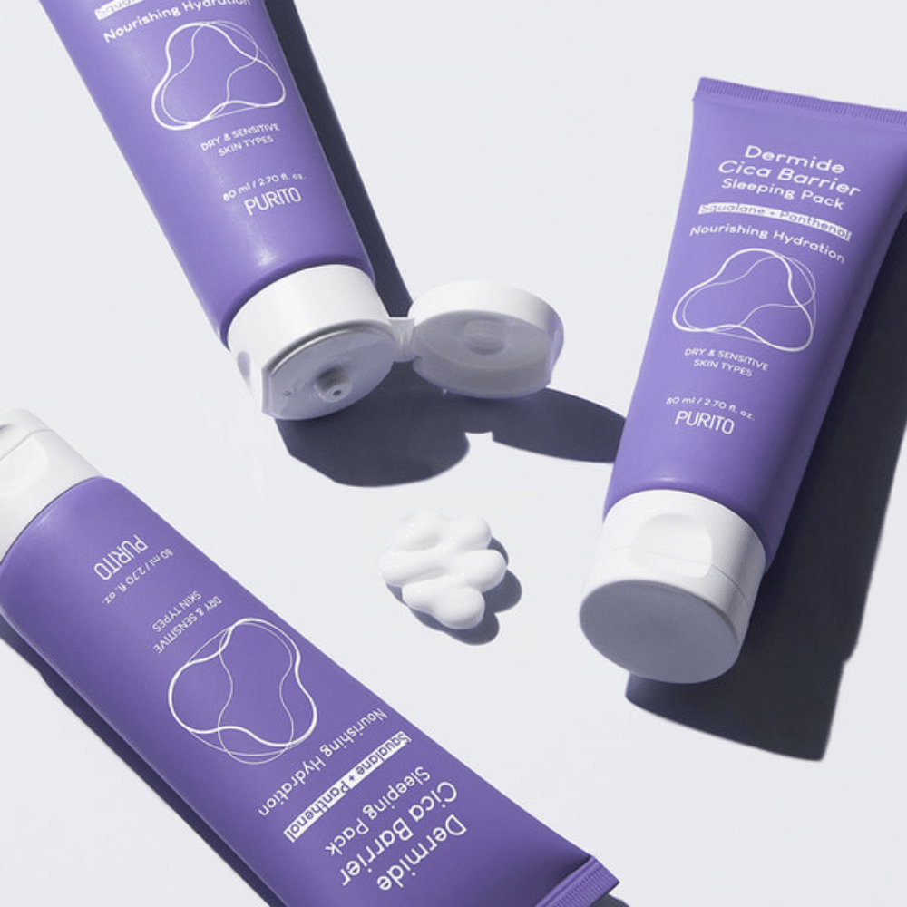 Deux tubes PURITO Dermide Cica Barrier Sleeping Pack 80ml sur une surface blanche.