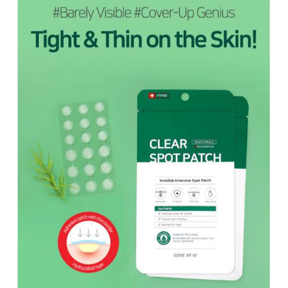 Un 30 Days Miracle Clear Spot Patch blanc (18 pièces) sur un fond clair, adapté pour le traitement de l'acné et des exsudats de plaie. Marque : SOME BY MI