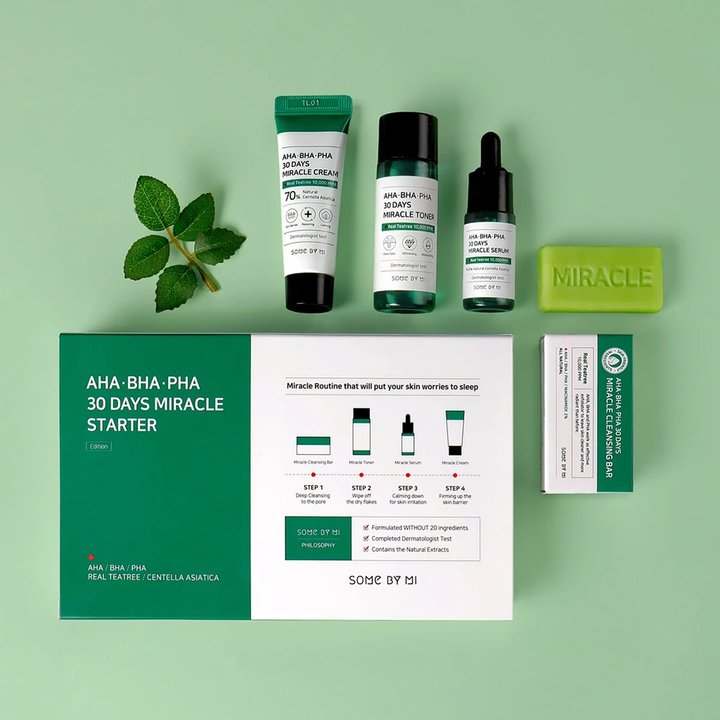 SOME BY MI:s AHA, BHA, PHA 30 Days Miracle Starter Limited Set est un K-beauty soin de la peau coréen avec Tea Tree et AHA BHA PHA.