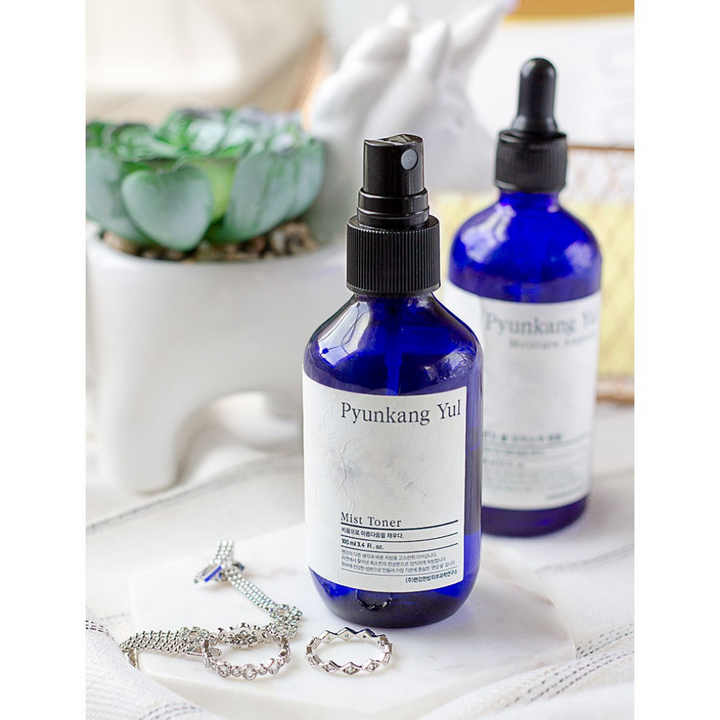 Une bouteille Pyunkang Yul Mist Toner, un toner hypoallergénique, sur une table à côté d'un cactus.