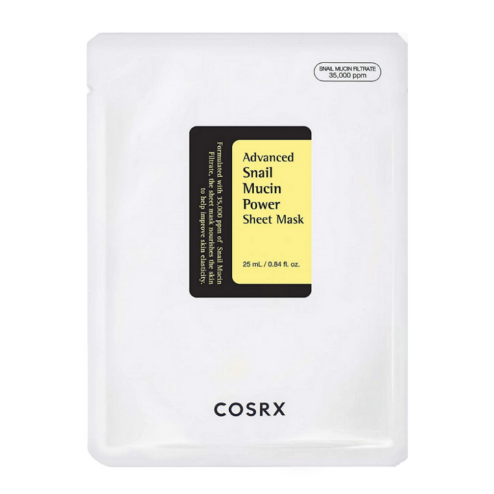 COSRX Advanced Snail Mucin Power Sheet Mask dans un emballage blanc avec une étiquette noire et jaune, enrichi de 35 000 ppm de sécrétion d'escargot pour l'hydratation, la réparation et l'amélioration de l'élasticité de la peau.