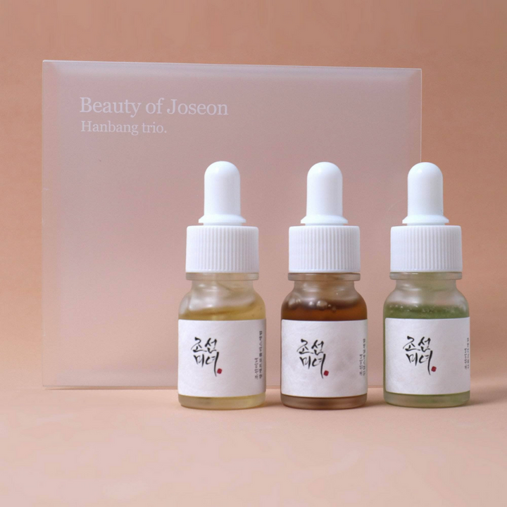 Beauty of Joseon Hanbang Trio 3, avec un sérum à l'extrait de thé vert pour aborder les problèmes de soin de la peau.