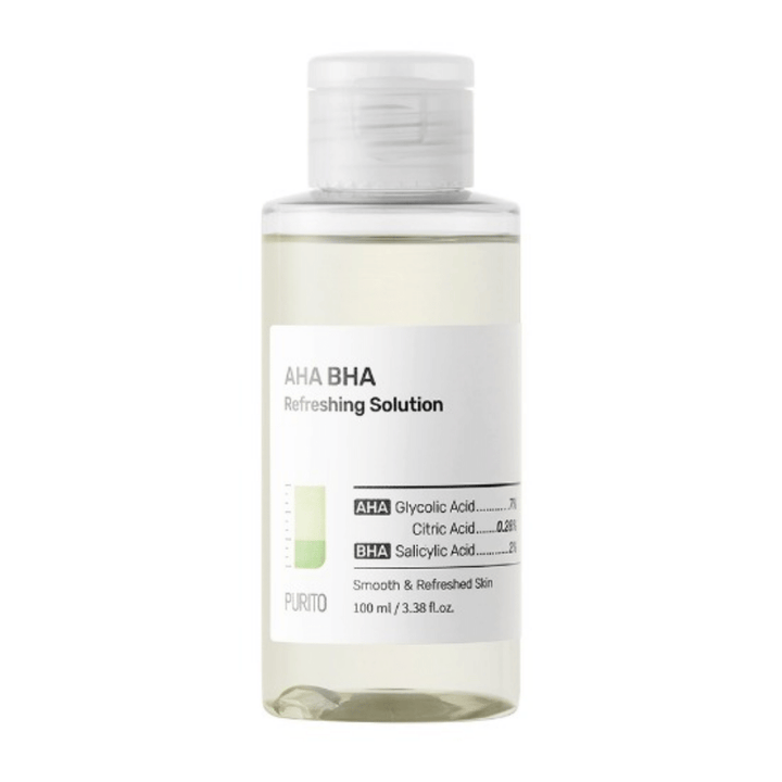 Une bouteille PURITO AHA BHA Refreshing Solution 100ml avec des propriétés exfoliantes sur un fond blanc.