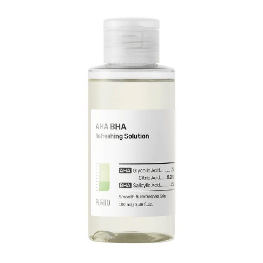 Une bouteille PURITO AHA BHA Refreshing Solution 100ml avec des propriétés exfoliantes sur un fond blanc.