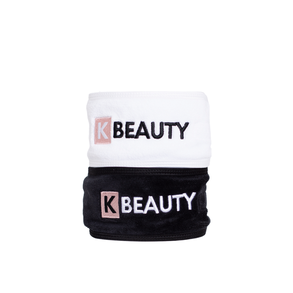 Deux bandeaux de maquillage K-Beauty noir et blanc avec le mot beauté.