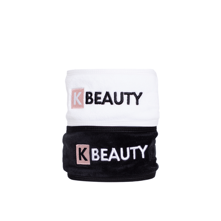 Deux bandeaux de maquillage K-Beauty noir et blanc avec le mot beauté.