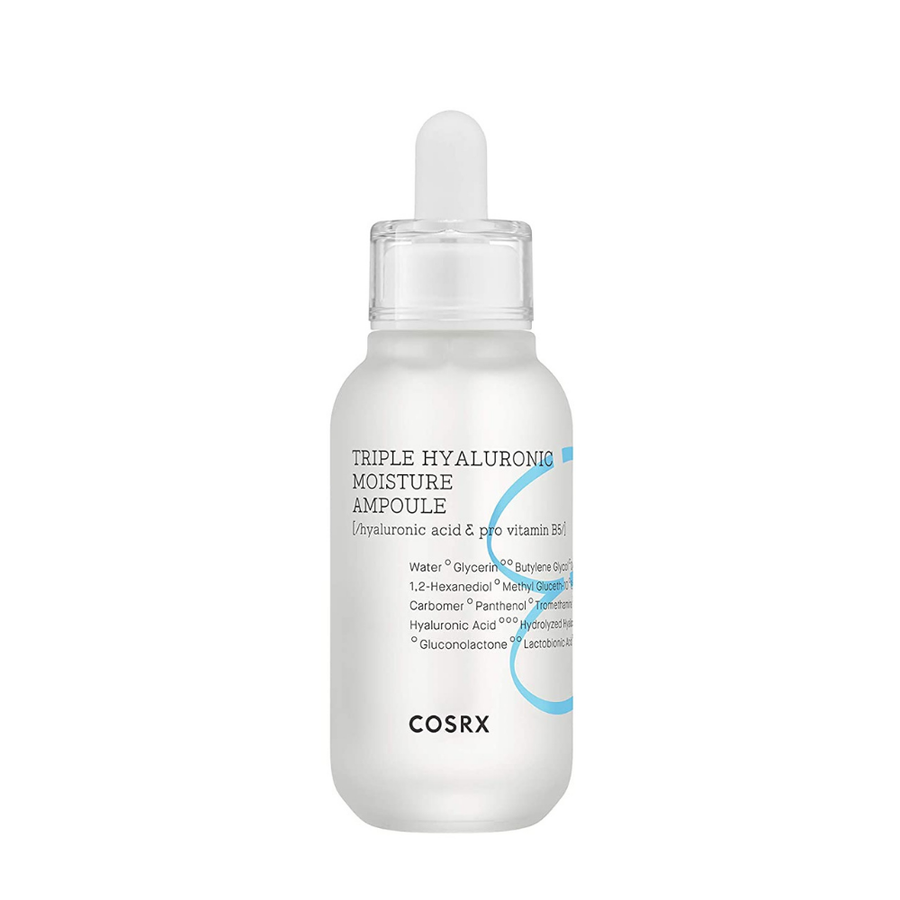 Une COSRX Triple Hyaluronic Moisture Ampoule bouteille de 40ml avec un liquide bleu sur un fond blanc.